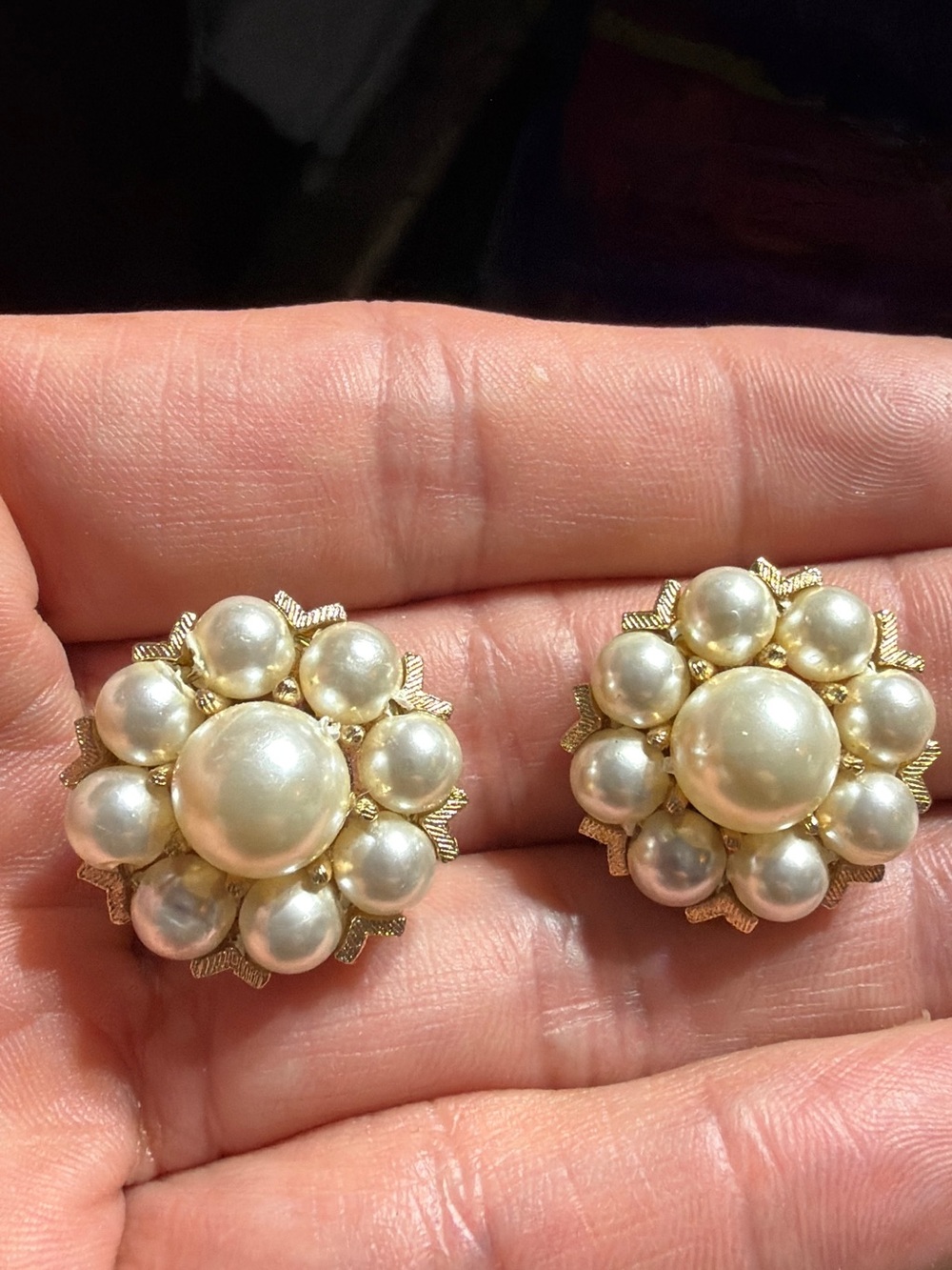 Vintage Kramer Gold-Tone Faux Pearl Cluster Earrings